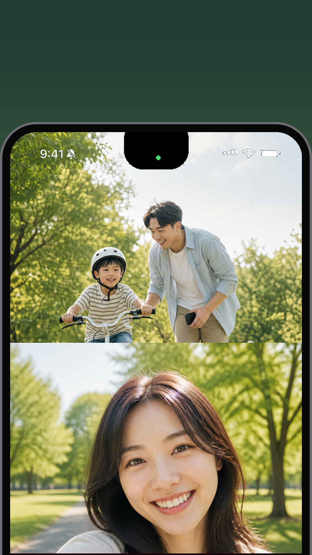 Parent using Bothie while a child learns to ride a bicycle
